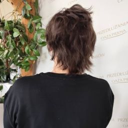 Krótkie ciemnobrązowe włosy naturalne, widok od tyłu