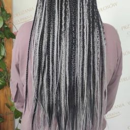 Warkoczyki syntetyczne w ombre z czerni w siwy blond